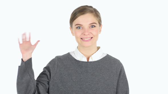 Hello Sign By Woman White Background