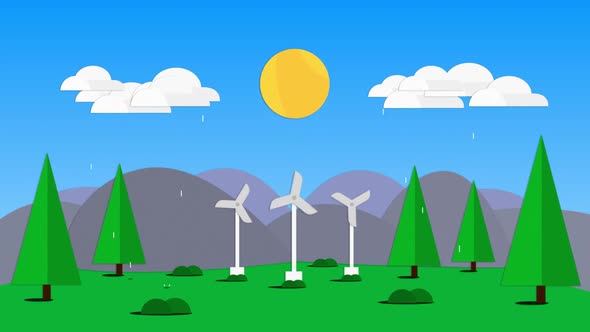 Landscape with turning wind turbines in countryside alt