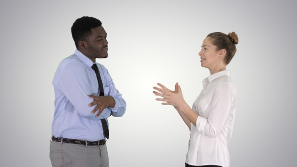 Business Woman Giving Some Ideas to Her Boss on Gradient