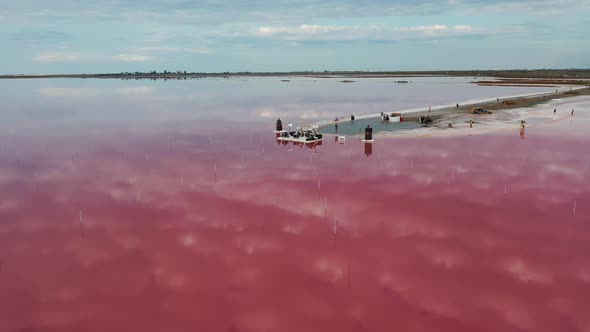 Aerial Footage Beautiful Pink Lake People Shore