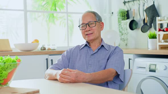 Portrait of elderly older grandfather wear eyeglasses, feel happy and enjoy retirement life in house