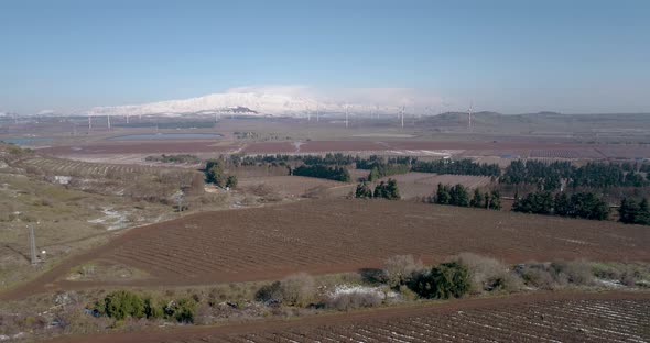 Aerial view of a landscape valley with mountains, Golan Heights, Israel.