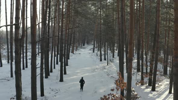 Winter running, running woman, back view 