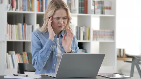 Headache, Woman with  Pain in Head at Work