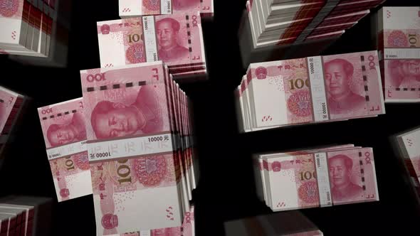 Flight over the Renminbi Chinese yuan money banknote packs loop animation