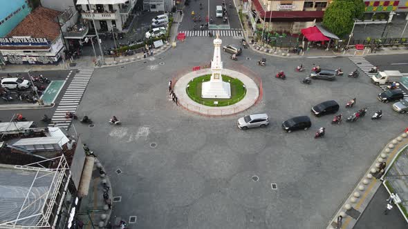 Aerial view of Tugu Yogyakarta Landmark with busy traffic.