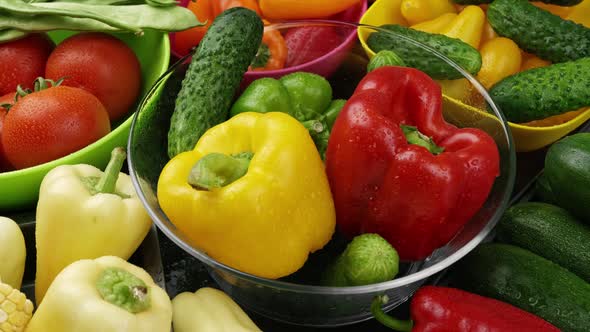 Set of Different Fresh Raw Vegetables in the Wooden Tray Wood Background Top View