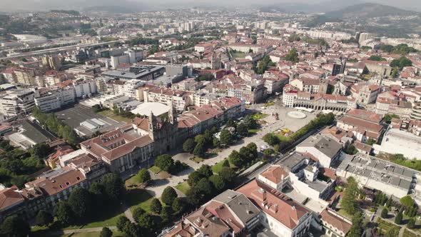 Aerial orbiting above Republic Square in Braga, Portugal.