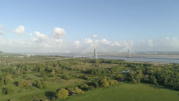 Aerial drone view of Iconic Pont de Normandie bridge in Honfleur, France