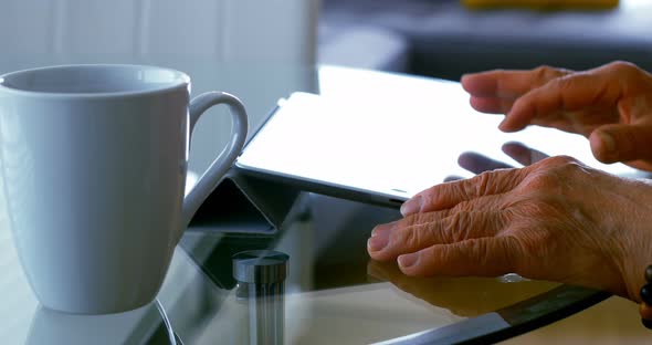 Senior woman using digital tablet in living room