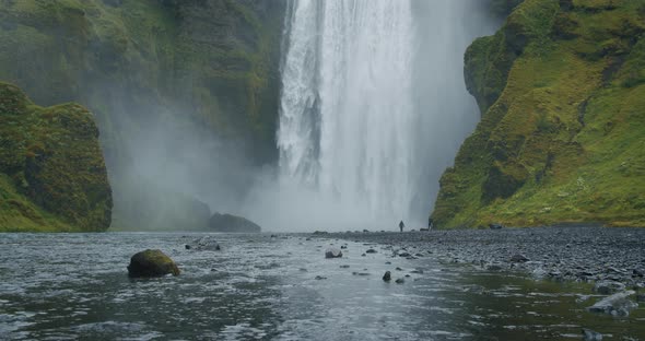 Beautiful Skogafoss Waterfall with River Reflection in Iceland