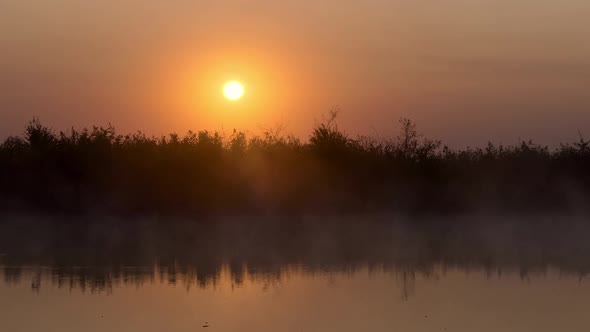 Autumn Landscape, Reed Against Morning Mist and the Orange Sun, Background