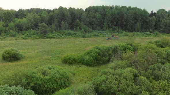 Aerial: Harvesting Grass with a Forage Harvester in a Tractor Trailer on an Overgrown Meadow Near 