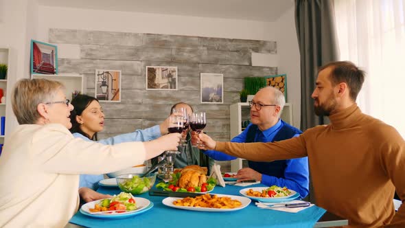 Young Man Clinking a Glass of Wine with His Family