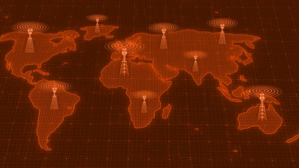 Brown Color Network Tower Wave Signal Animated On World Map