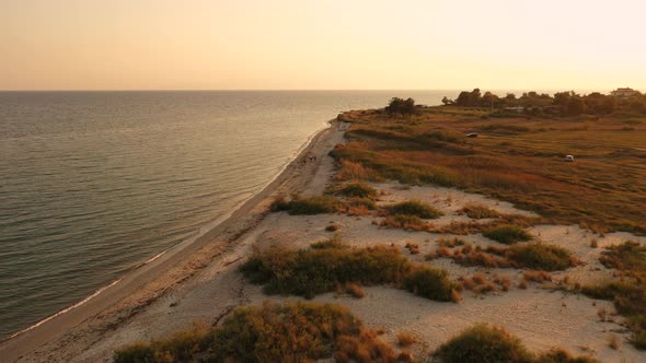 Aerial Top View Above Sunset Sand Beach Sea