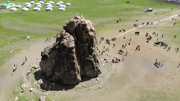 Tourists Religious Symbol Taikhar Chuluu Rock in Arkhangai Aimag, Mongolia