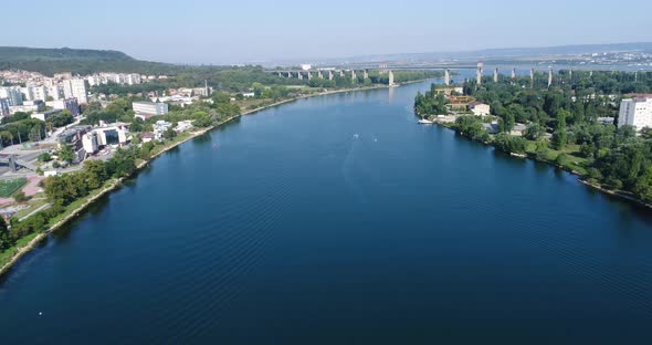 4k aerial footage of Asparuhov bridge in Varna. Bulgaria