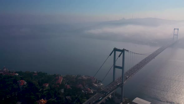 aerial video of bosphorus Bridge on a foggy day in Istanbul, Turkey. July 15 Martyrs Bridge