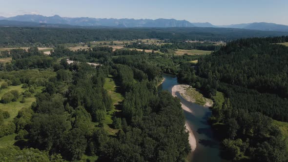 Washington Evergreen State Rural Aerial Background With Forest River And Mountains