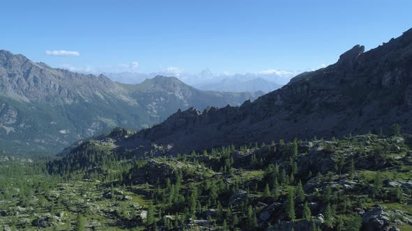 Moving Side Above Pine Woods Valley with Matterhorn in Sunny Summer Day