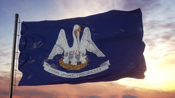 Flag of Louisiana Waving in the Wind Against Deep Beautiful Sky at Sunset