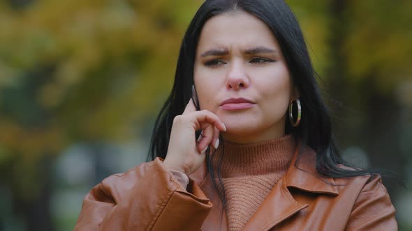 Female Portrait Closeup Young Sad Pensive Concentrated Woman Standing Outdoors Thoughtful Remembers