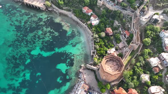 Red Tower in Alanya aerial view 4 K