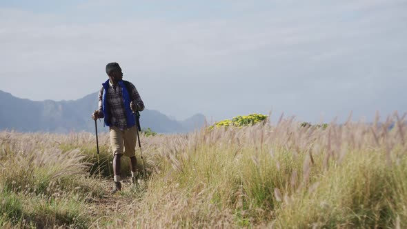 African american man wearing backpack using nordic walking poles hiking in countryside