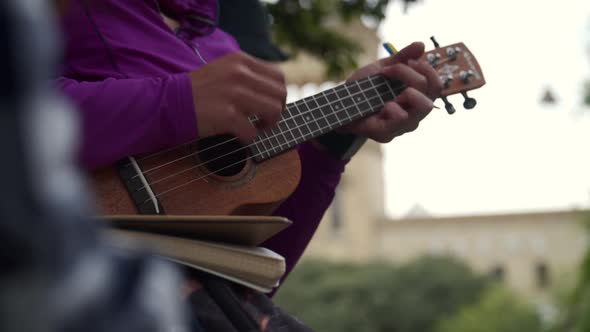 Girl Playing An Ukulele Detail