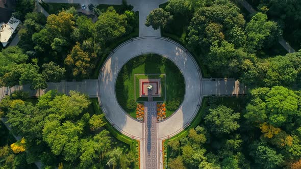 Aerial Top View Monument Writer Taras Shevchenko in Park on Sunny Summer Day