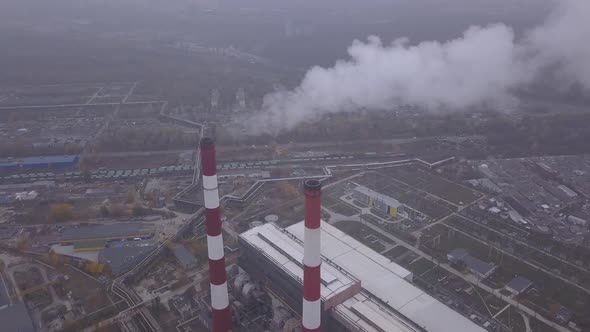 Smoke Comes From the Chimney. Aerial. Air Pollution. Ecology. Kyiv. Ukraine.