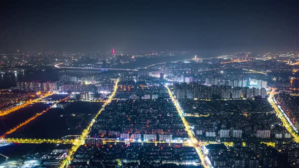 Aerial top view of city at night，timelapse