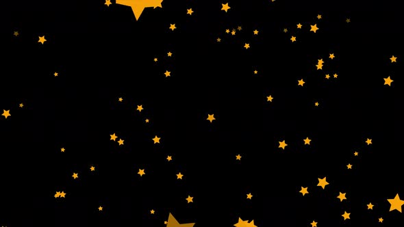 Animation of abstract golden five-pointed colorful stars falling on black background