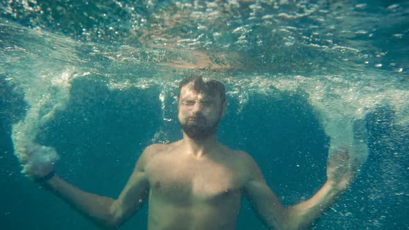 Underwater Man Swimmer In Sea Air Bubbles Marmaris.Swimmer Having Fun Vacation Resort Hotel On Ocean