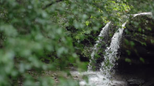 Small Waterfall Flowing in Slow Motion with Forest