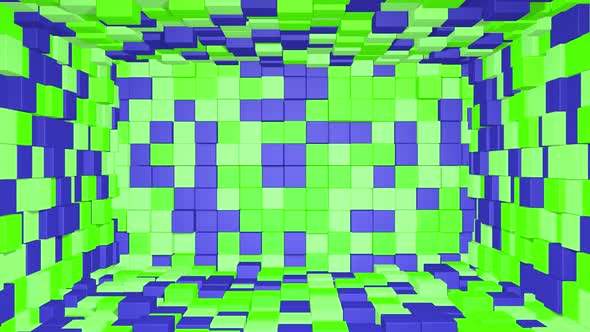 Abstract room interior with green purple cubes