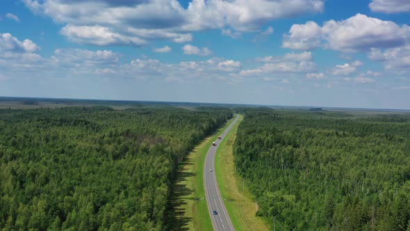 Aerial Top View on Country Road in Forest