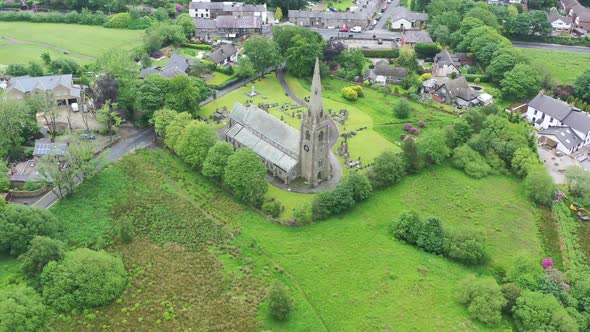 An aerial view around an old English church