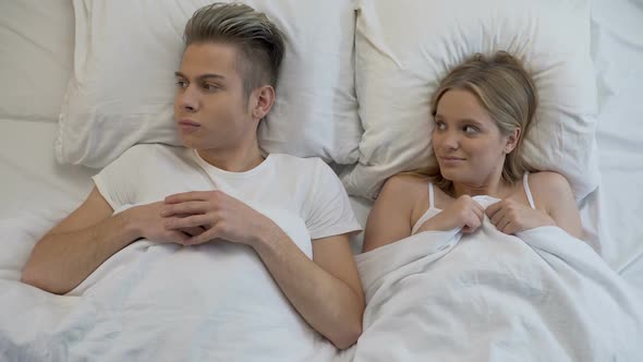 Unconfident Young Man Feeling Scared Before First Sex With Girlfriend, Panic