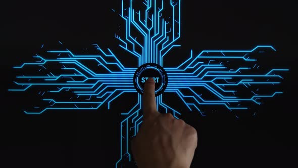 Finger Pushes Touch Digital Start Button With Futuristic Artificial Intelligence Spreading