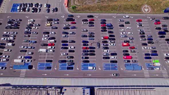 Drone Aerial Footage Top Down View of a Large Supermarket Parking Lot