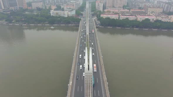 Bridge in Guangzhou, Car Traffic and Cityscape. Guangdong, China. Aerial View