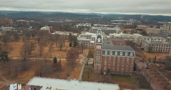 This shot shows a wide variety of buildings located at the University of Arkansas campus.