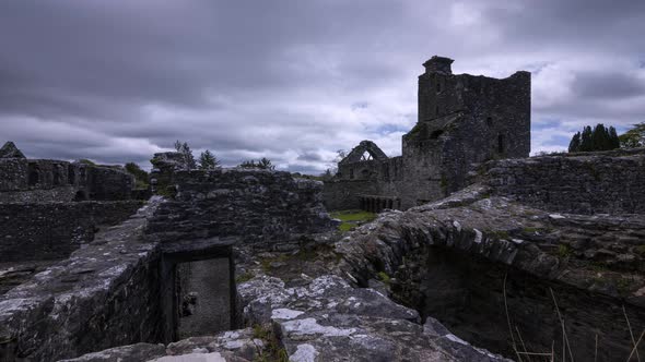 Motion time lapse of Creevelea Abbey medieval ruin in county Leitrim in Ireland as a historical sigh