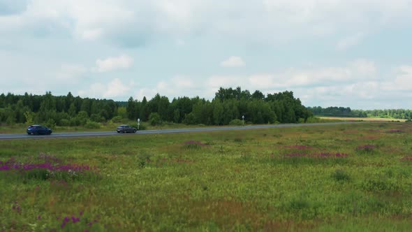 Aerial View of a Driving Car on the Road in a Field Among Lilac Flowers