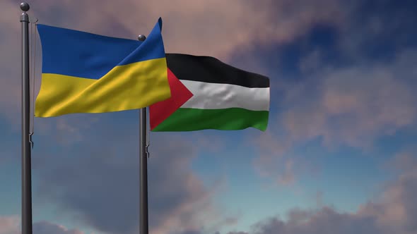 Palestine Flag Waving Along With The National Flag Of The Ukraine - 4K