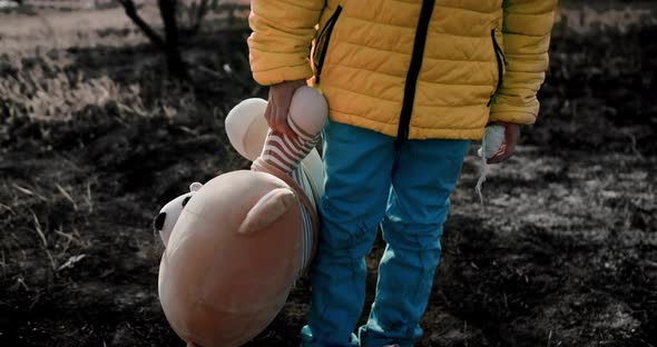 Kid in Ukrainian national colors, Sad refugee litle girl pose with a toy bear with a burnt back