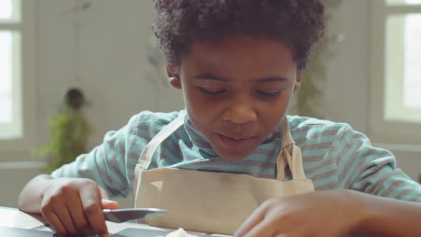 Little Boy Cutting and Eating Pear on Cooking Masterclass