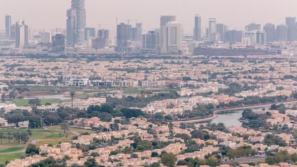 Aerial View of Apartment Houses and Villas in Dubai City Timelapse United Arab Emirates